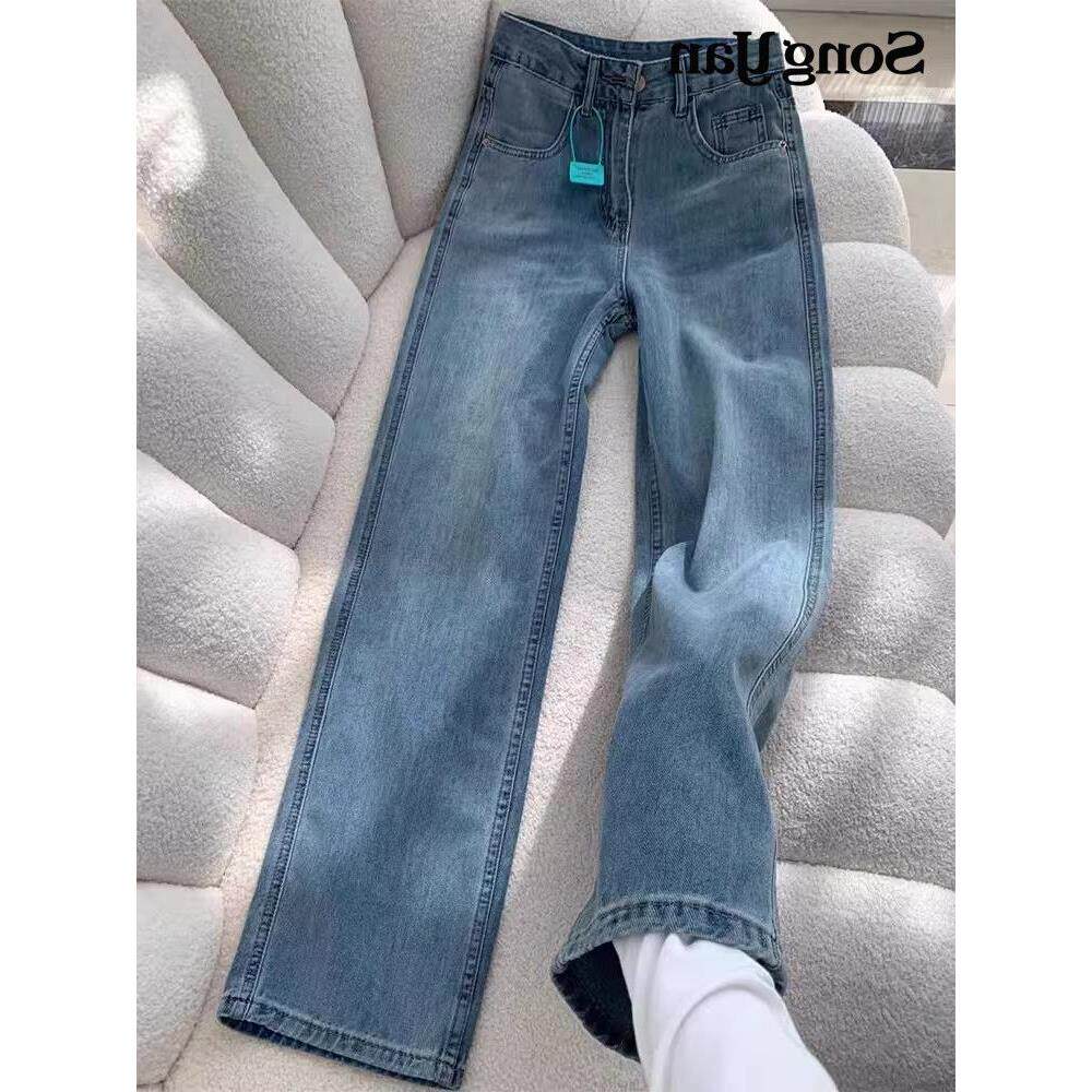 胖2026女春季宽松筒裤浅蓝色感直高腰垂牛仔裤显瘦mm窄版阔腿大码
