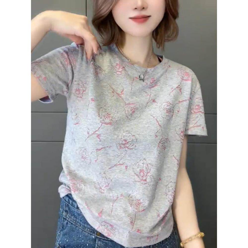 欧货灰色正肩短袖t恤女装夏季2026年新款玫瑰刺绣上衣设计感纯棉