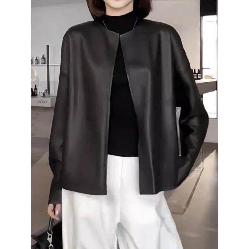 女冬季宽松外套夹克黑色显瘦皮衣感短款简风胖高级MM极大码上衣