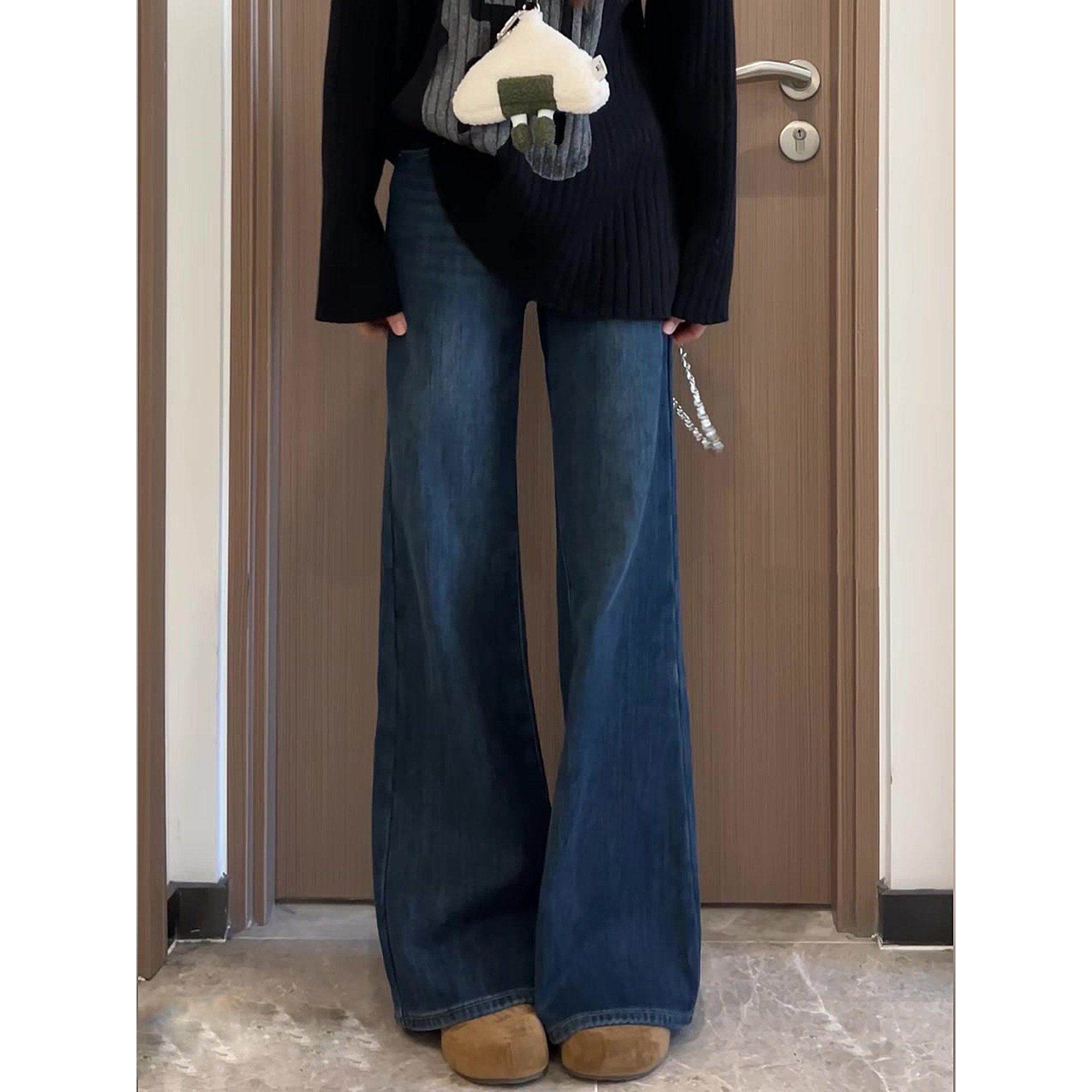 女微喇裤小个子腿阔春季宽松大码深蓝色高腰新款mm不贴腿牛仔裤胖