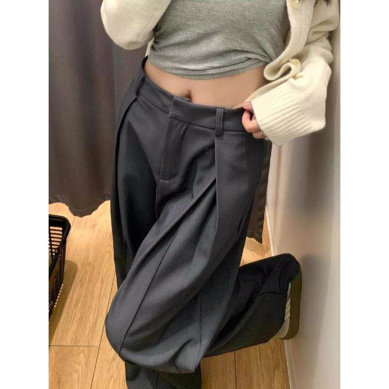 设计复古褶皱裤女美式阔腿西装裤高腰胖宽松MM春季直筒感灰色大码