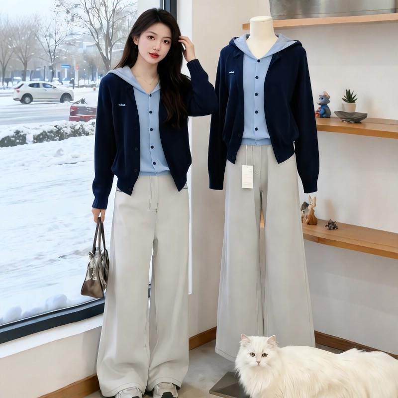 2026连帽好看时尚大码巨假mm早春胖两件针织洋气显瘦毛衣开衫上衣