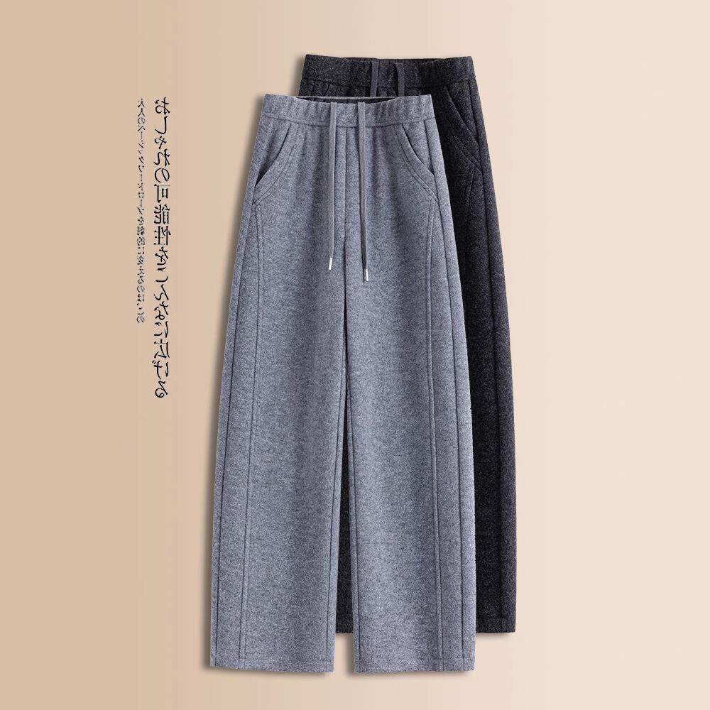 羊毛保暖加绒宽松小个子弯刀新款阔腿裤裤女休闲裤高腰九分冬季呢