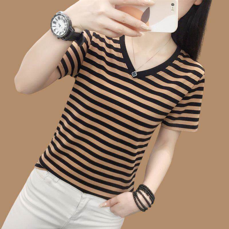 领V正肩半袖新款显瘦上衣女士大码纯棉条纹宽松短袖2025t恤夏装