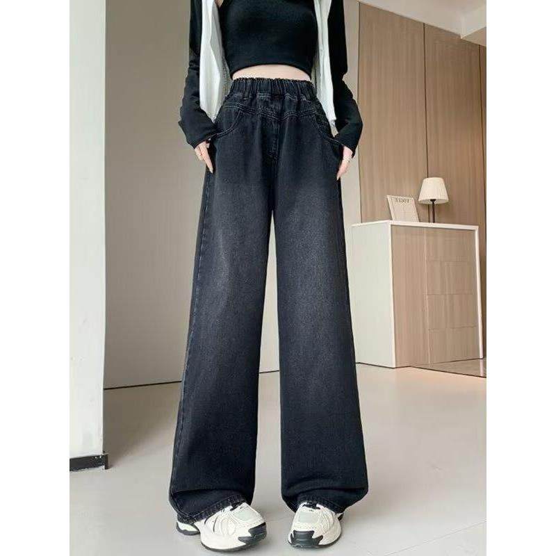 高腰牛仔裤直筒女长裤黑色显瘦阔腿松紧腰韩版休闲春秋季宽松大码