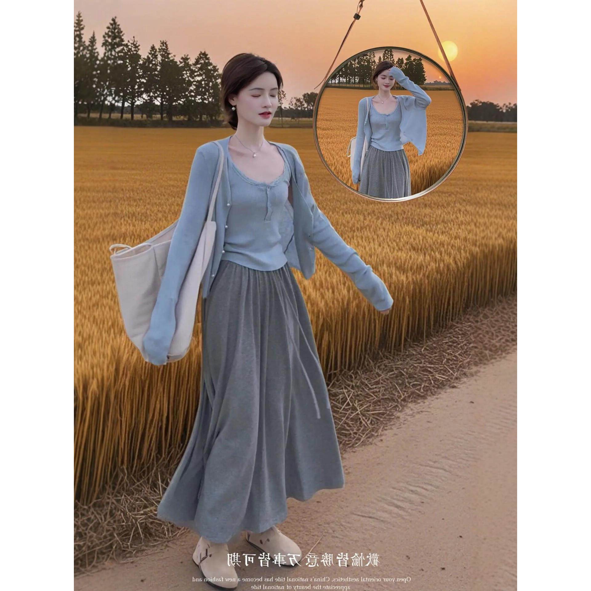 早春好看MM巨开衫超火针织一整套的三件搭女大码子胖套装吊带裙穿