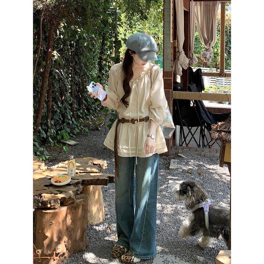 耳边大码衬衫搭配早春一整套胖两件套阔腿裤上衣木温柔抽绳mm牛仔