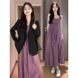 吊带微胖西装两件套mm搭一整套连衣裙外套高级女大码气质感春秋穿