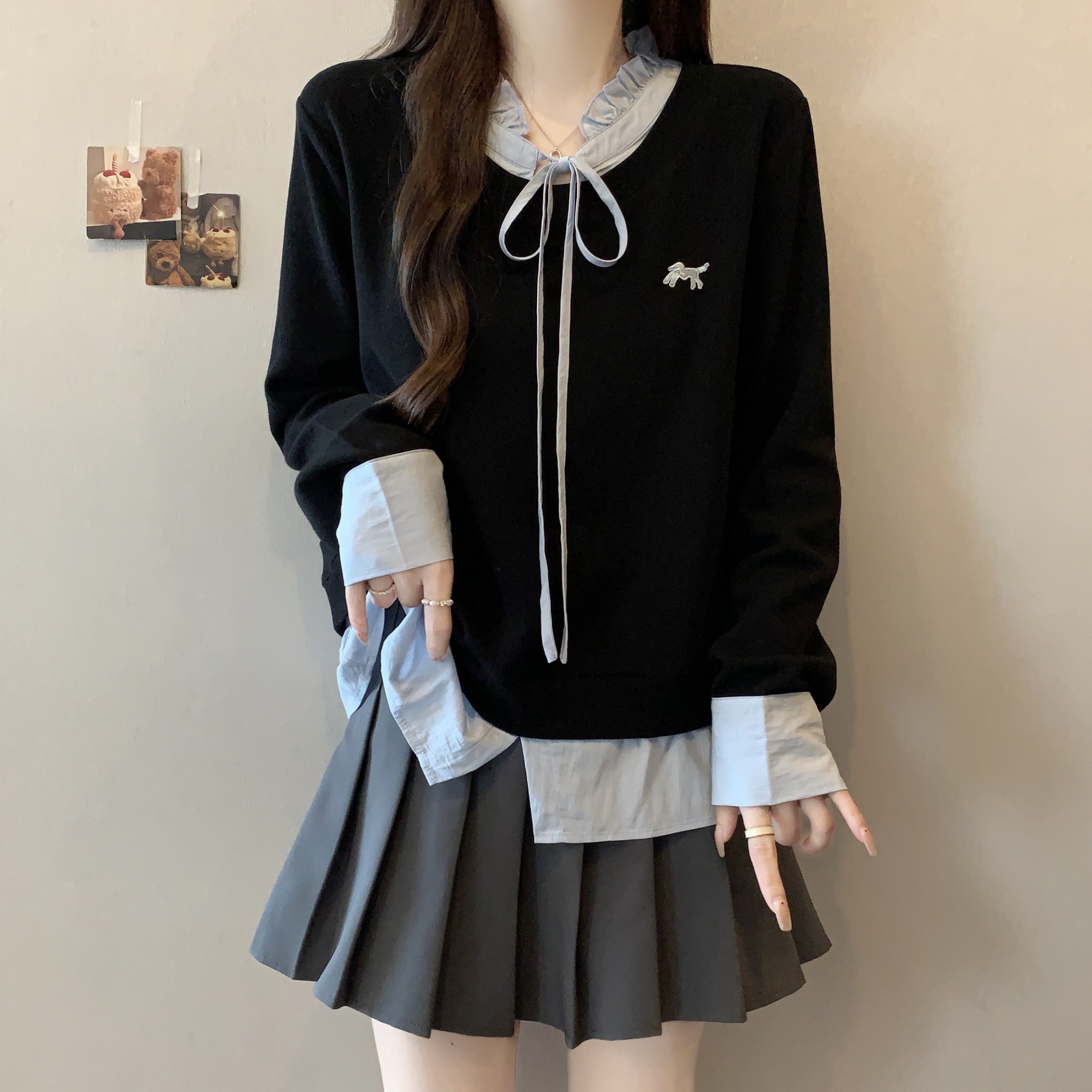 大码女装学院风假两件长袖衬衫女2025秋季新款设计感小众拼接上衣