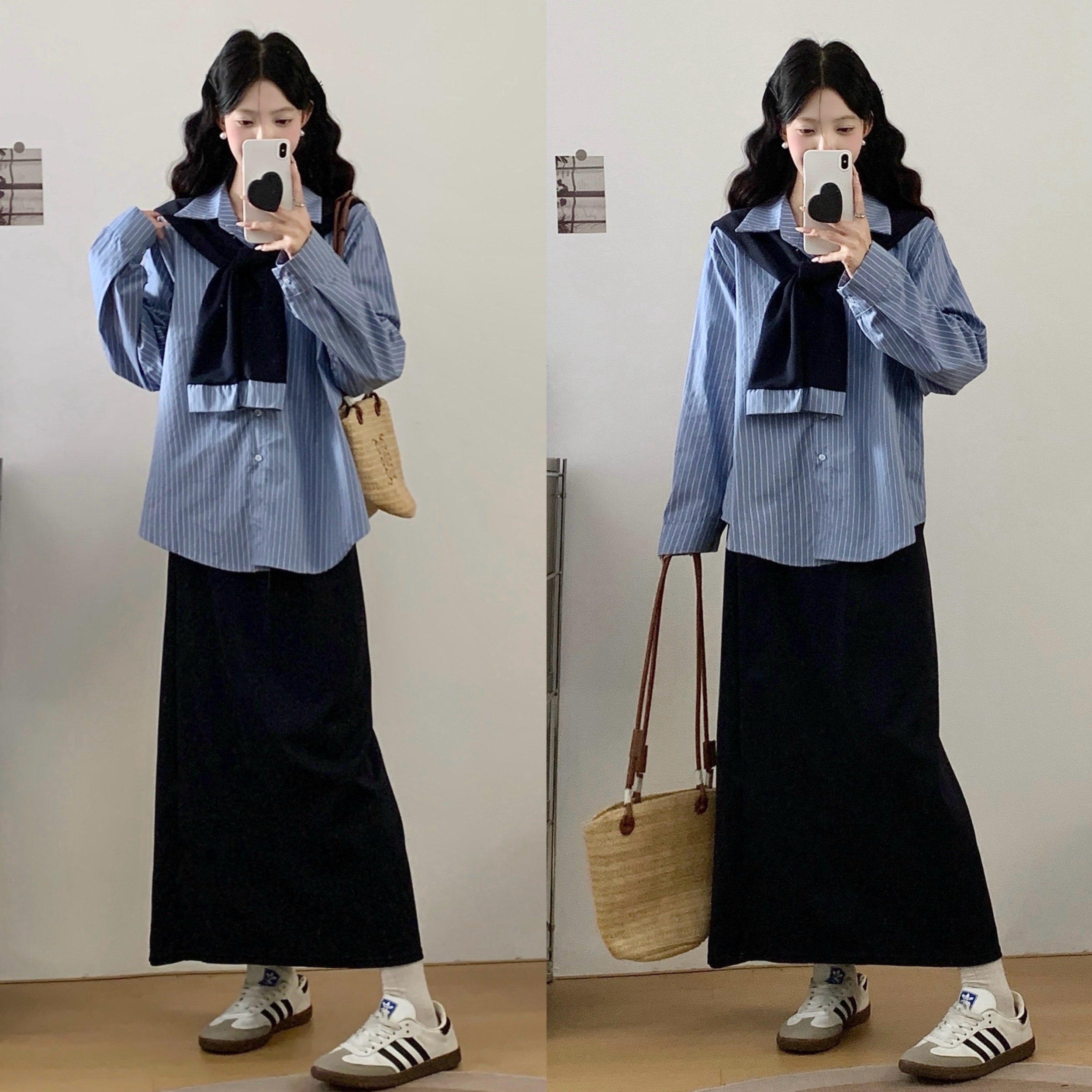 实拍~大码秋季复古韩系休闲蓝色条纹衬衫+披肩套装半身裙三件套