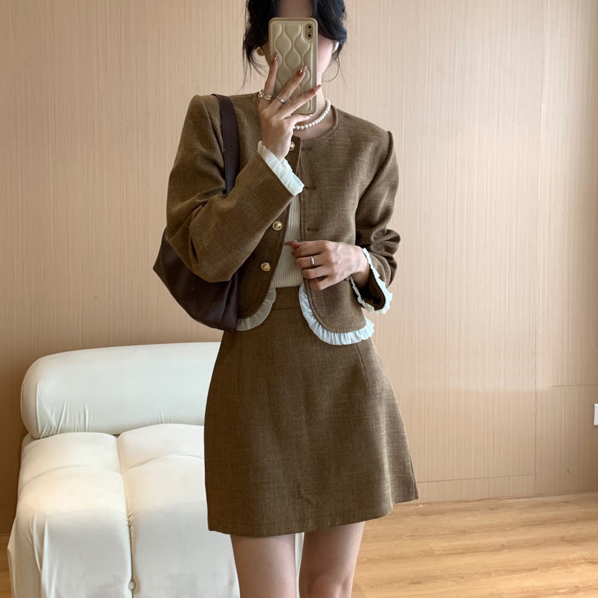 韩版2023新款复古法式小香风西装套装小个子圆领西服短裙两件套