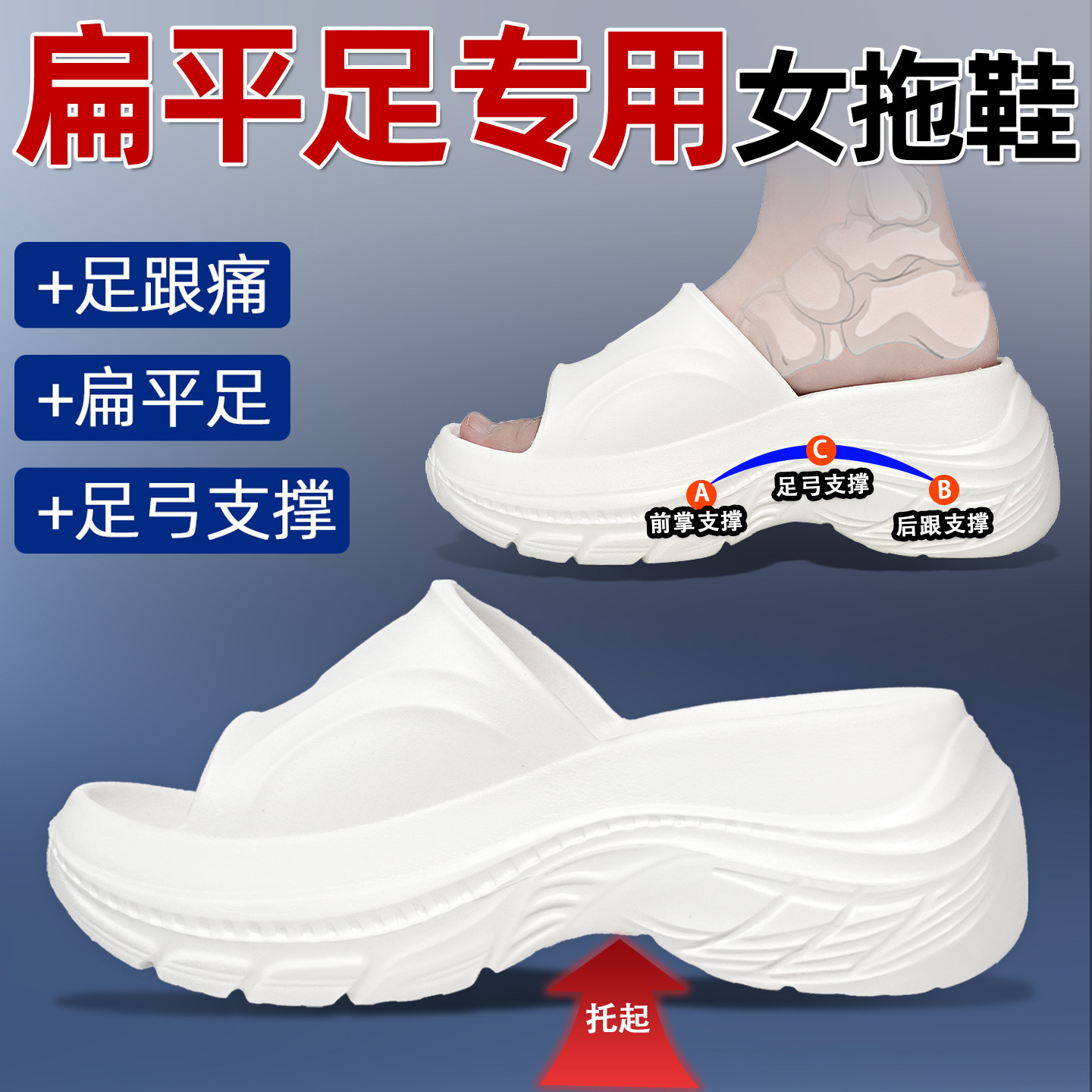 女士扁平足专用足弓支撑不塌陷隐形增高不累脚成人运动减震凉拖鞋
