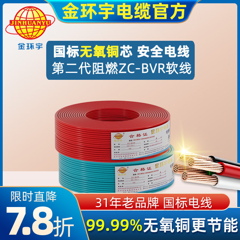 金环宇国标阻燃家用装修照明用线BVR单芯多股软线1.5平方铜芯电线图片