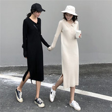 侧开叉中长连衣裙女2019 慵懒单排扣长袖 polo领纯色针织裙秋季 新款