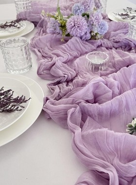 紫色纱桌布皱布桌旗皱布婚礼巴厘纱麻花皱巾生日婚礼派对装饰