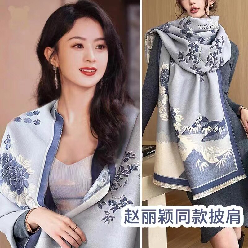 秋冬新款韩版小花棉麻围巾女百搭长款披肩外搭薄款冬季纱巾丝巾女