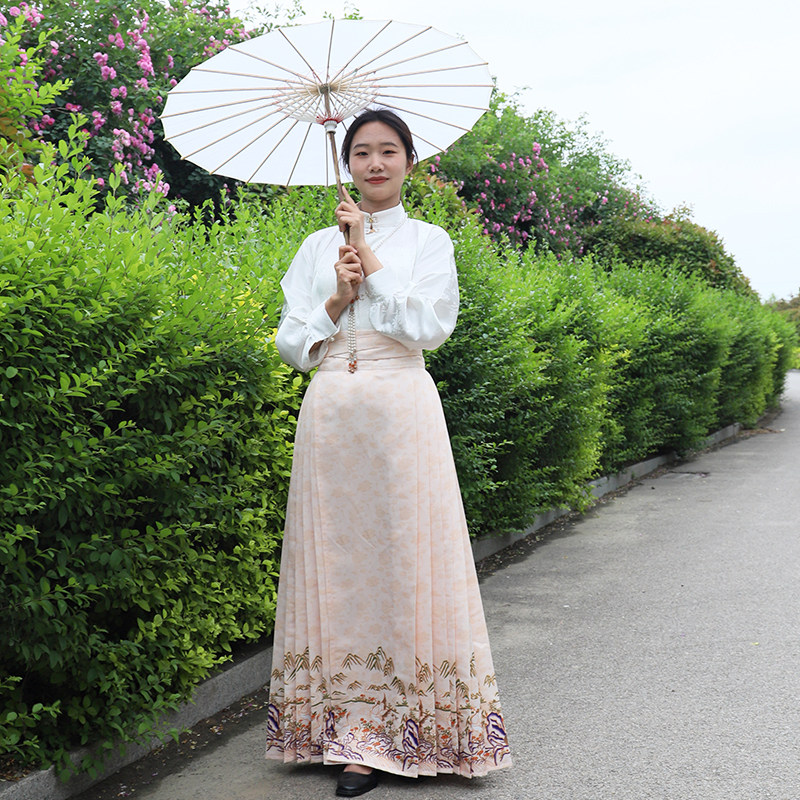 FEI YULU의 원래 명나라 HANFU [QIANLI JIANGSHAN] 여성의 봄 여름 일상 생활을 위한 비행기 소매를 개선한 새로운 중국 스타일의 말 얼굴 스커트