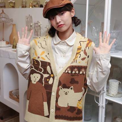 女孩和猫2025毛衣背心可爱针织马甲女春秋宽松设计感小众外搭时尚