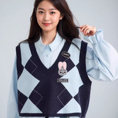 朱迪刺绣马甲背心女菱格提花v领针织衫2025秋季学院风减龄叠穿潮