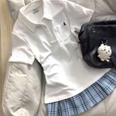 百搭校服上衣翻领薄款 修身 T恤 t恤女夏季 日系学院风白色polo领短袖