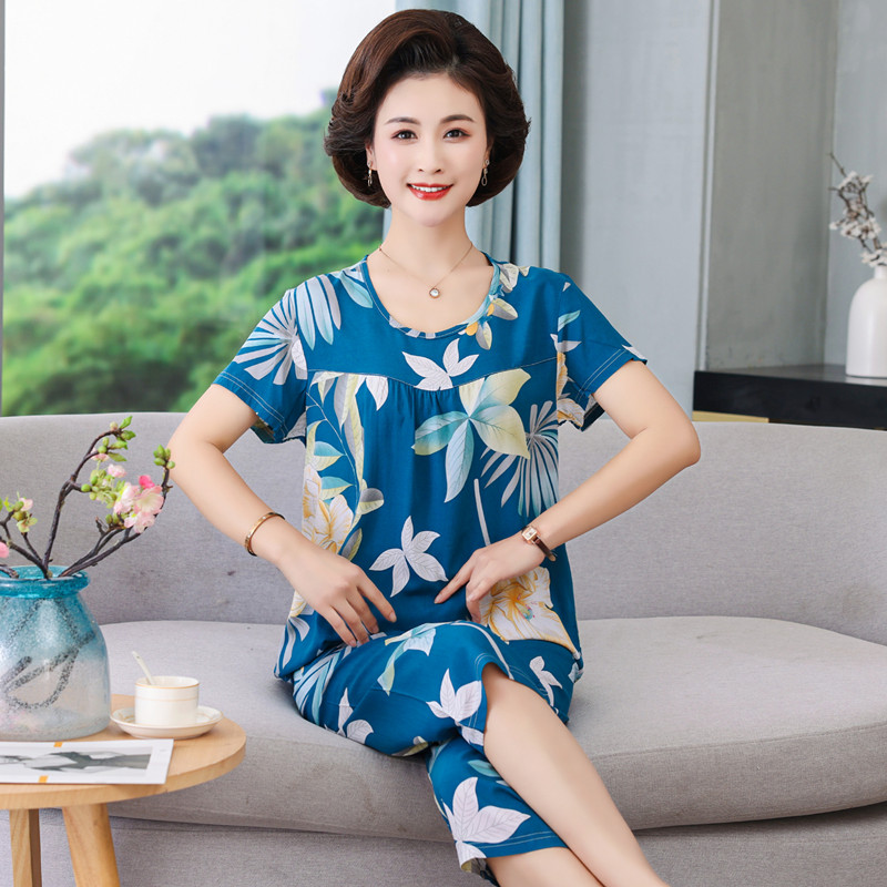 棉绸睡衣女款2025新款夏款可外穿冰丝中老年女装棉绸睡衣大码套装
