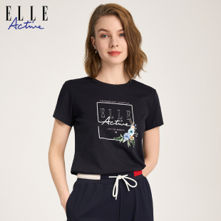 正肩半袖 ELLE t恤女春夏别致花卉印花修身 休闲短袖 上衣 Active法式