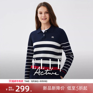 polo衫 女翻领显瘦上衣简约长袖 Active航海系气质条纹针织衫 ELLE
