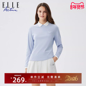 ELLE Active高智穿搭户外休闲浅蓝色长袖 t恤女高尔夫运动翻领上衣