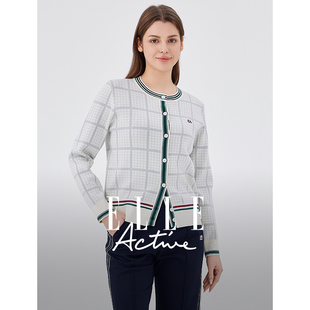 外套宽松外搭上衣 女气质圆领针织衫 ELLE Active复古老钱格纹开衫