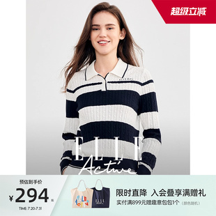 套头长袖 ELLE 气质POLO领条纹毛衣针织衫 Active2024秋季 上衣 女装