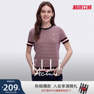 格纹圆领t恤 ELLE Active气质红色针织衫 短袖 纯棉上衣2025春夏新款