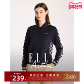 ELLE Active复古卫衣女格纹拼接翻领长袖 套头上衣运动服休闲宽松
