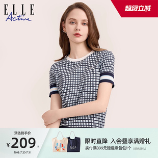 Active法式 蓝色格纹t恤运动体恤衫 短袖 新款 上衣女夏季 ELLE