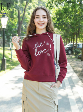 ELLE Active潮搭户外休闲连帽卫衣女酒红色上衣运动长袖套头帽衫