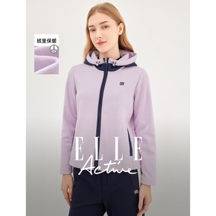 ELLE Active高智气质紫绒里连帽外套女秋冬户外休闲保暖夹克宽松