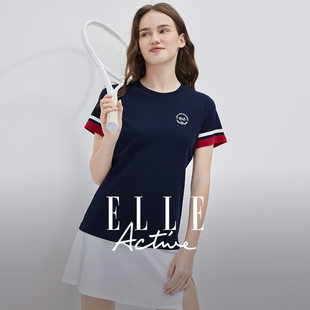 ELLE Active纯棉短袖女t恤2026夏新款透气圆领上衣拼色体恤衫修身