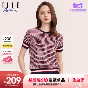 夏季 ELLE 女纯棉上衣 薄款 Active气质红色针织短袖 格纹圆领t恤女