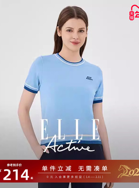 ELLE Active户外穿搭罗纹圆领针织衫短袖运动休闲t恤气质上衣蓝色