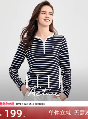 ELLE Active简约休闲打底衫时尚设计Y型领条纹长袖t恤女上衣修身