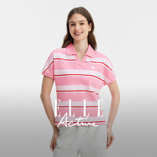 经典 清新V领短袖 风尚 Active松驰灵动miu系条纹POLO衫 T恤 ELLE