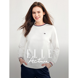 t恤女白色纯棉上衣显瘦 简约拼色圆领长袖 ELLE Active2026春秋新款