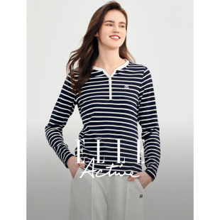 t恤女上衣修身 ELLE 设计Y型领条纹长袖 时尚 Active简约休闲打底衫