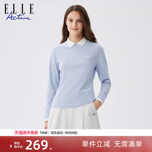 ELLE t恤女高尔夫运动翻领上衣 Active高智穿搭户外休闲米白色长袖