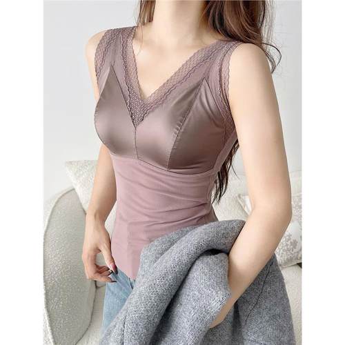 秋冬羽绒蛋白缎面蕾丝V领保暖背心内衣女磨毛带胸垫打底内搭文胸