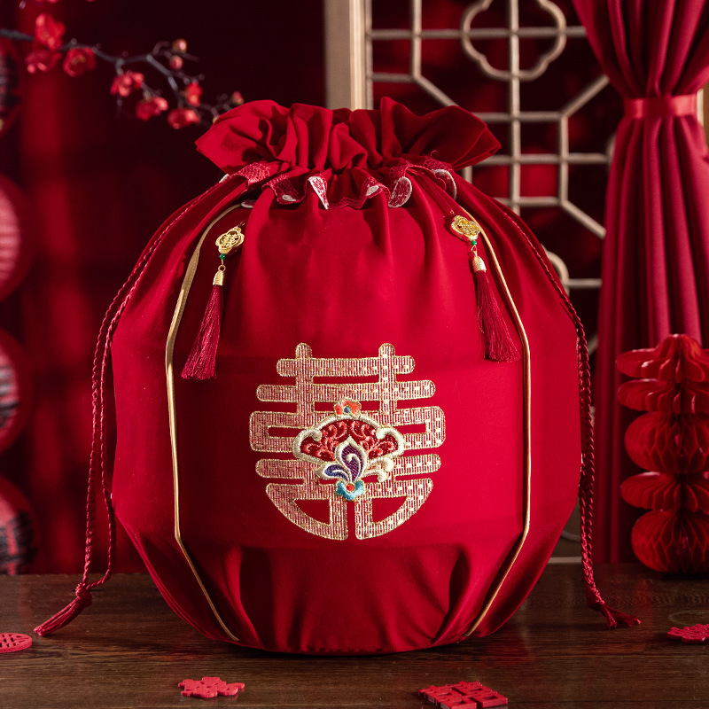 结婚包袱皮刺绣束口福袋女方陪嫁聚宝盆抽拉包裹红布婚庆用品大全