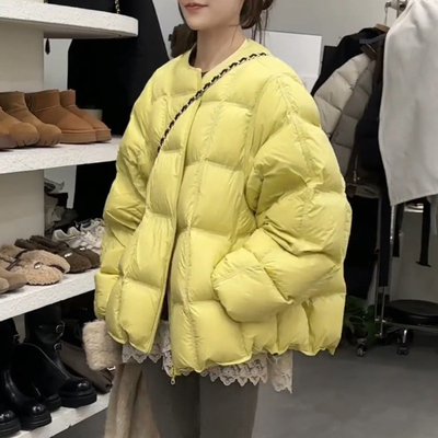 短款圆领泡芙方格子羽绒服女2024冬季新款宽松百搭显瘦面包服外套