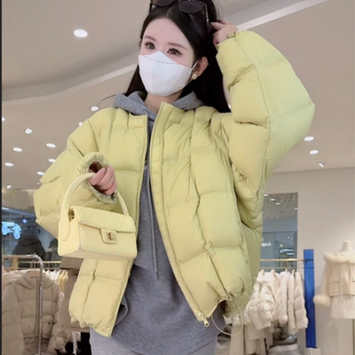 新品圆领泡芙方格子羽绒服女2024冬季新款宽松百搭显瘦面包服外套