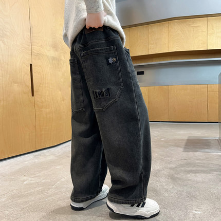 男童加绒裤子大童一体绒牛仔裤秋冬款2024新款儿童冬季阔腿直筒裤