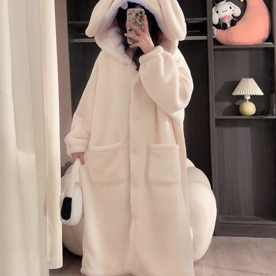 可爱兔子连帽珊瑚绒睡袍冬季女款睡衣加绒加厚大码家居服2024新款