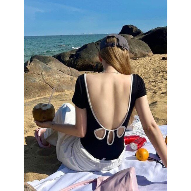 韩版色露背镂空连体泳女式黑色欲简约遮肉显瘦游泳衣